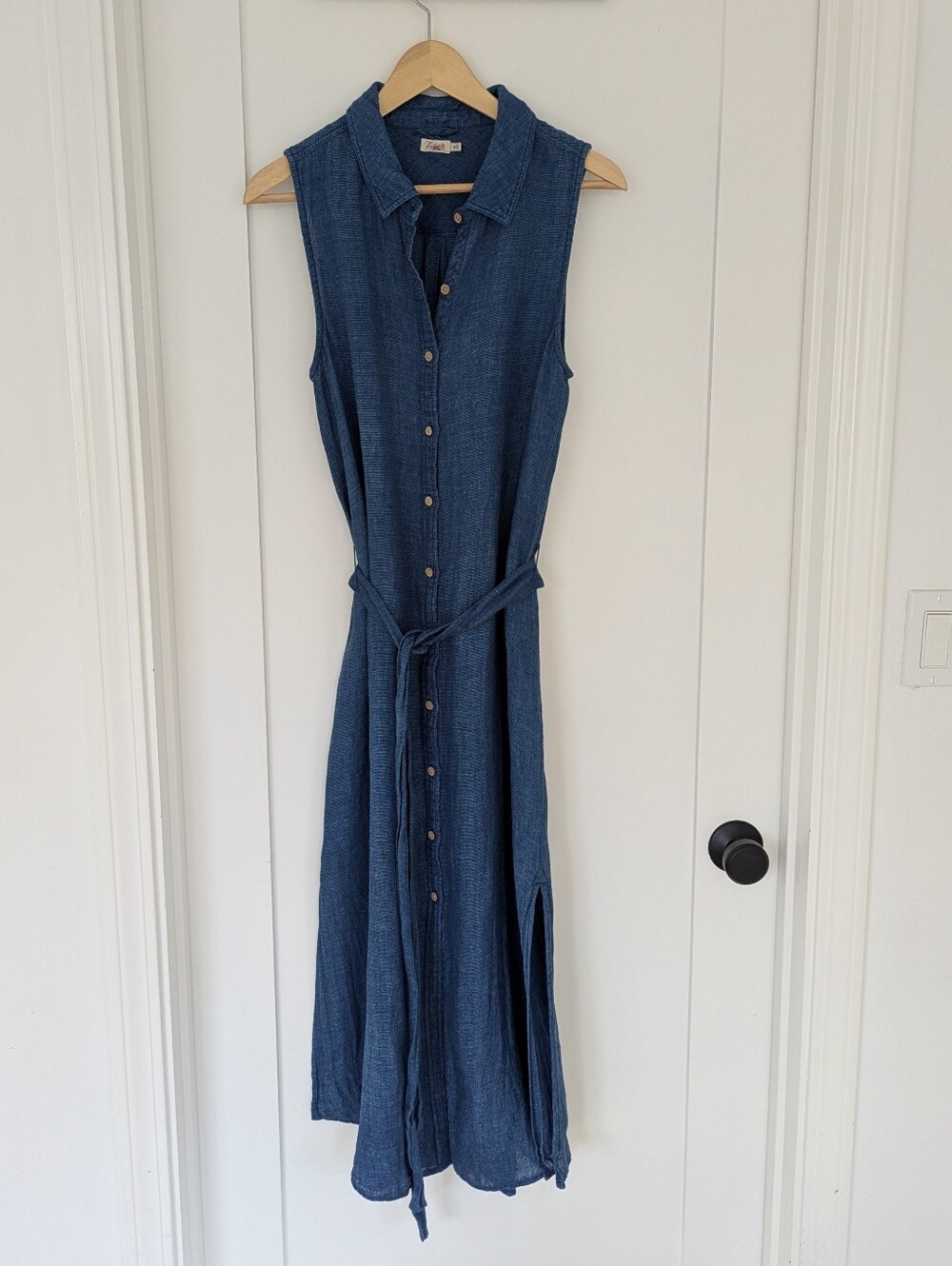 Faherty Linen Sleeveless Maxi Shirt Dress in Deep Blue M